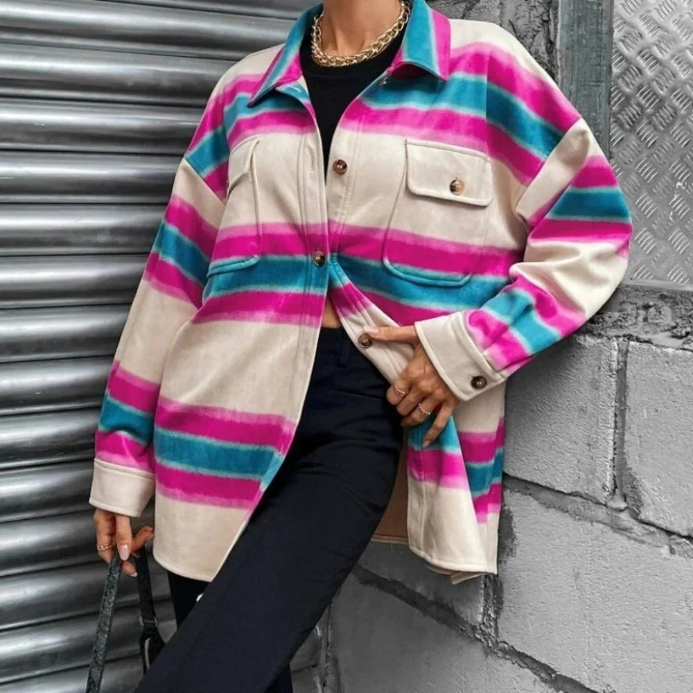 Striped Print Button down Shacket shirt jacket Coat - Picture 3 of 6